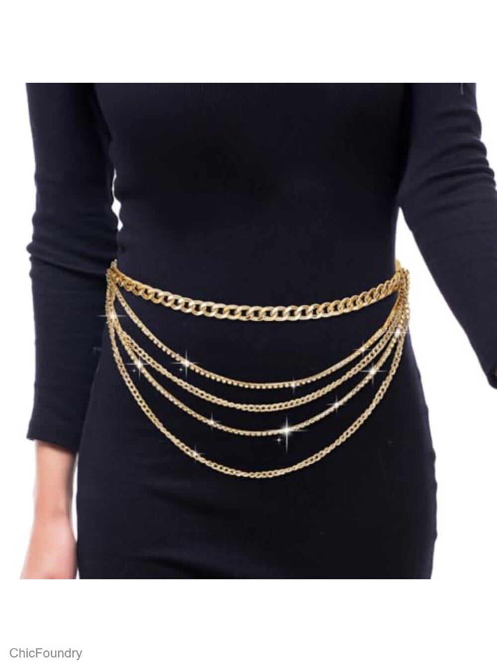Layered Rhinestone Chain Belt Adjustable Boho Waist Cincher Gold